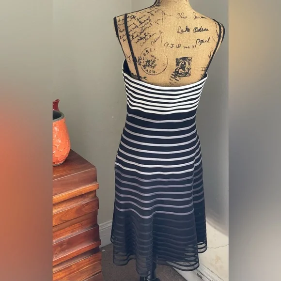 EUC WHBM Black Mesh Dress with White to Gray Ombré Stripes - Picture 4 of 8